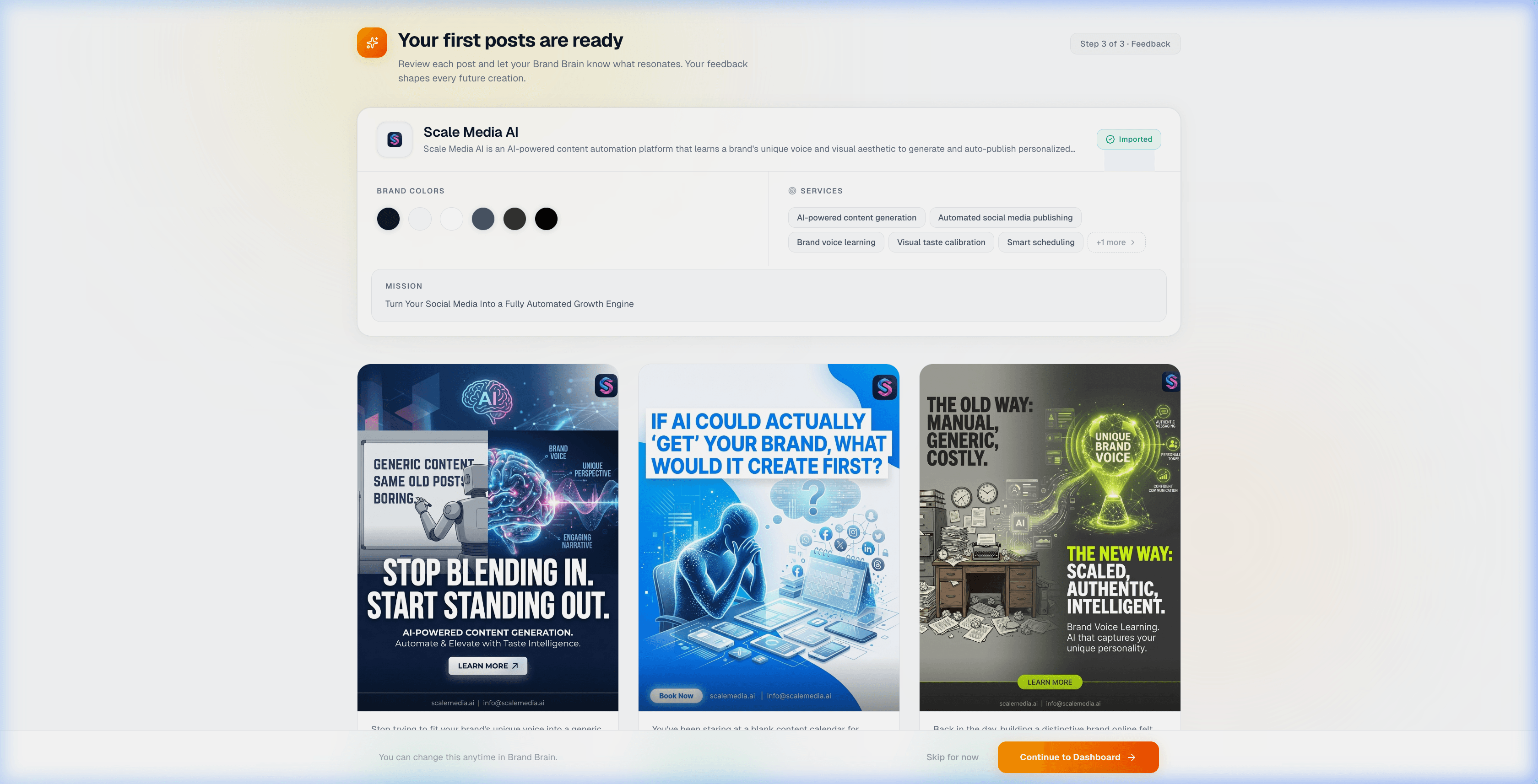 Página de revisión mostrando la identidad de marca y los posts generados con IA