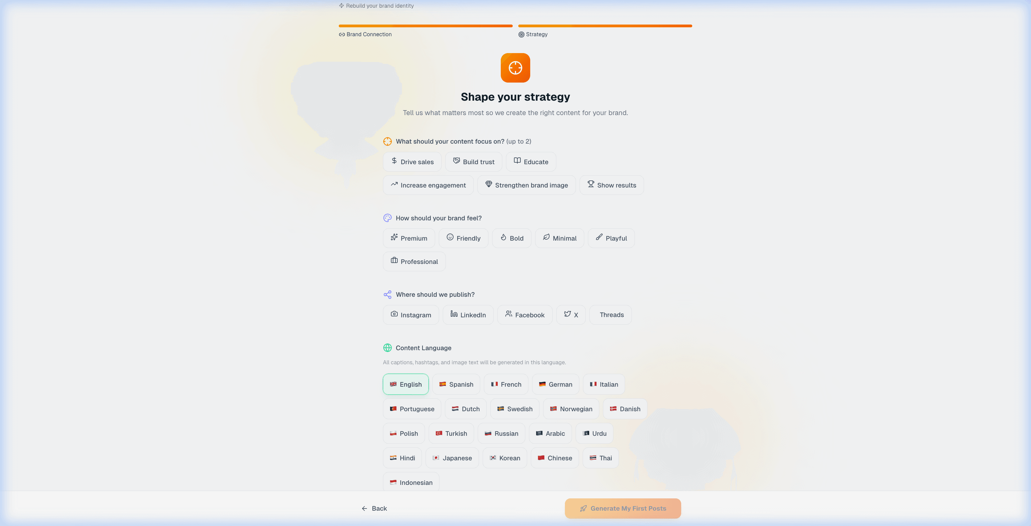 Configurando la estrategia de marca — objetivos, estilo, plataformas e idioma